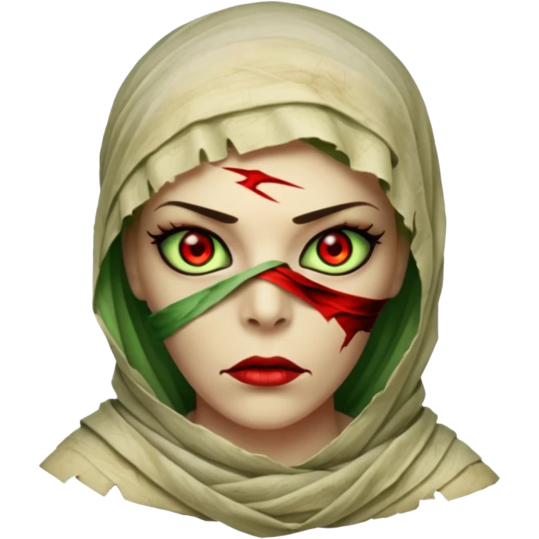 Mummy Cursed: Torn wrappings, glowing red eyes, green mist around.
 emoji