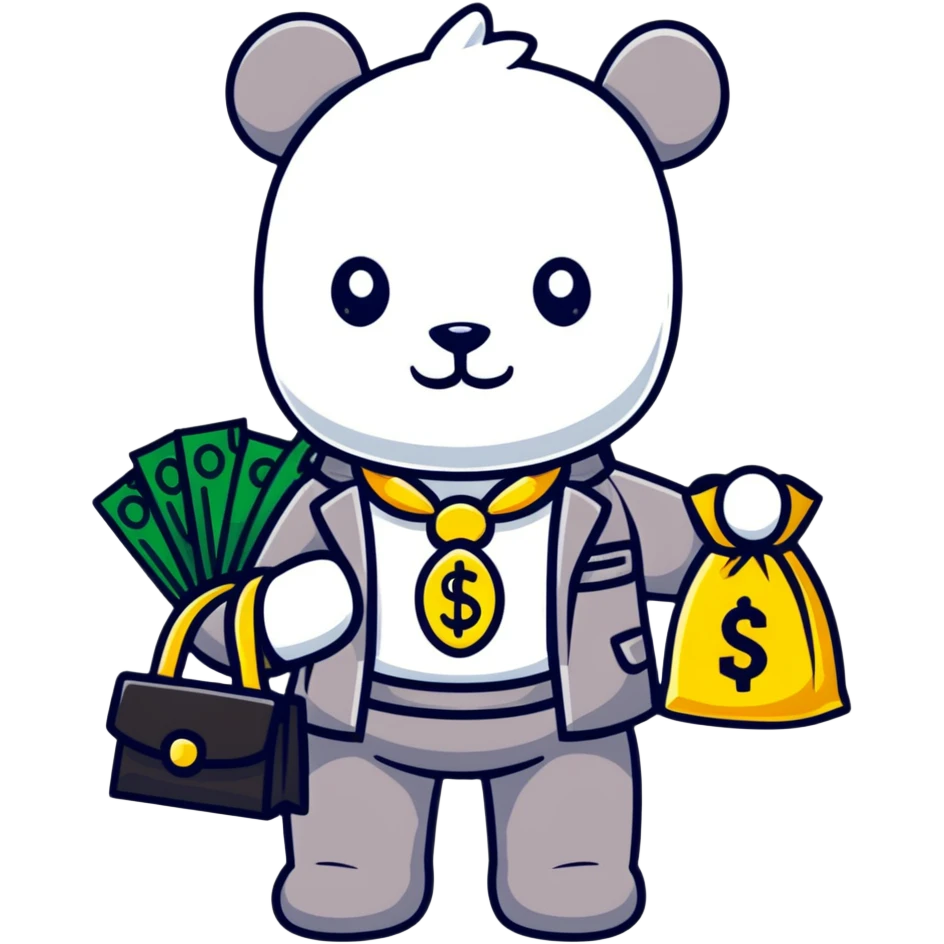 cool hustler bearbrick with money bag, luxury clothes, and bling jewelry emoji