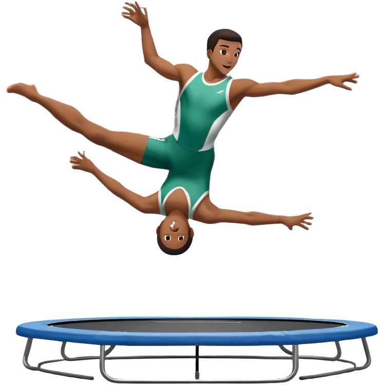 An athletic person soaring high above a trampoline, executing an acrobatic flip with perfect form. The scene captures motion and energy, with a dynamic pose, stretched limbs, and a focused expression. The background suggests a professional trampoline arena with safety padding. emoji