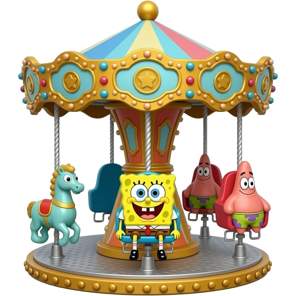 Coin Operated Carousel Kiddie Ride featuring Sea Horse Seat, SpongeBob Seat, and Squidward Seat emoji