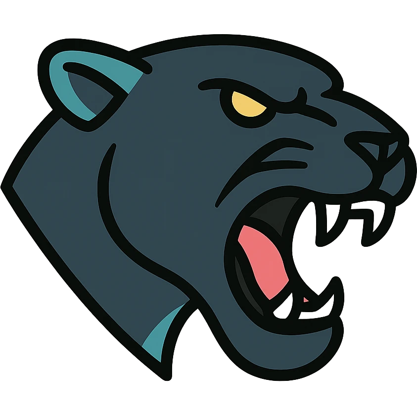 fierce panther head, roaring, black fur with teal accents, strong jawline, sports team logo style emoji