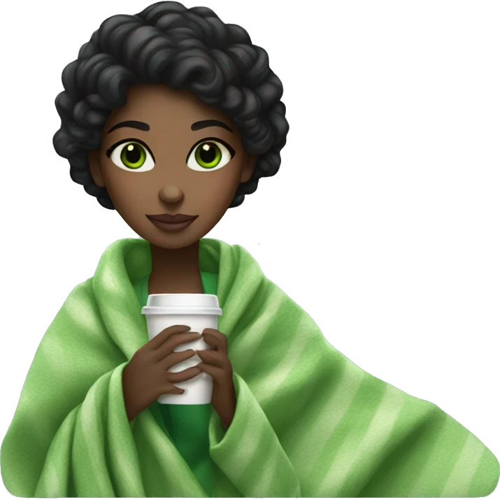 black hair girl with green eyes a blanket sipping starbucks coffee emoji