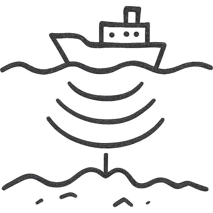 Hydroacoustic map showing radio waves from a ship on the water surface scanning down to the seabed emoji