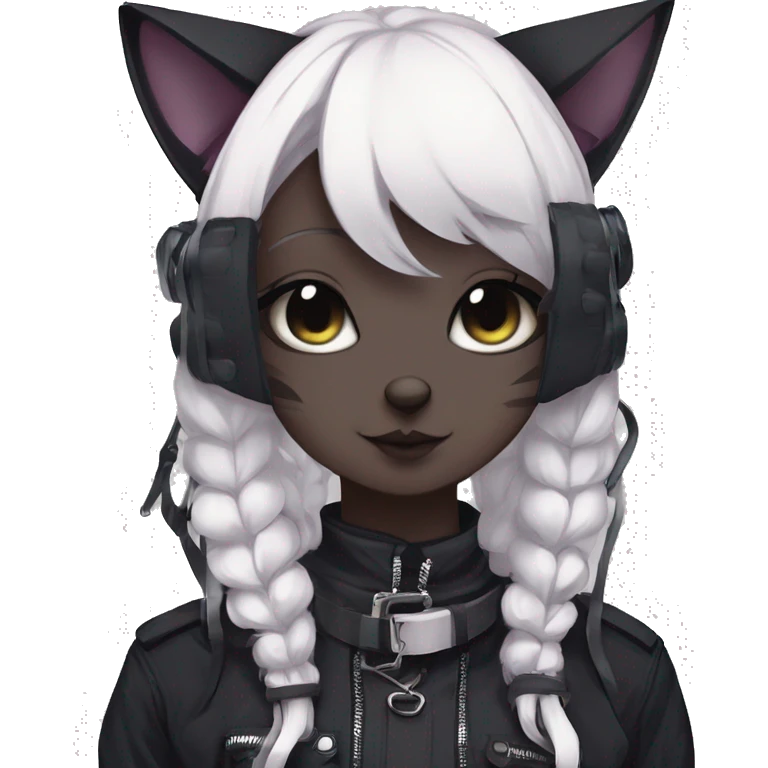 Gorgeous gothic dark techwear anime style anthro cat with blushing face aesthetic and pretty edgy black with collar and harness trending style emoji
