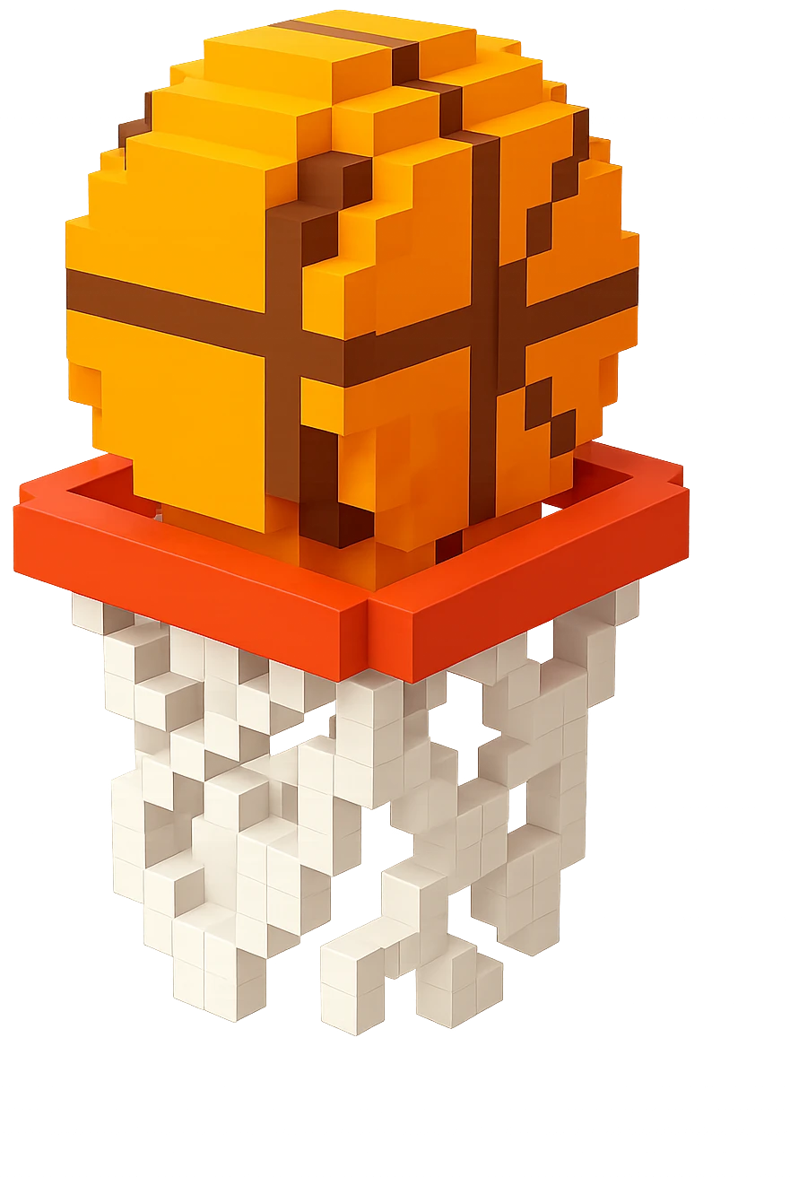 A voxel-style basketball in a net, simple and clear emoji