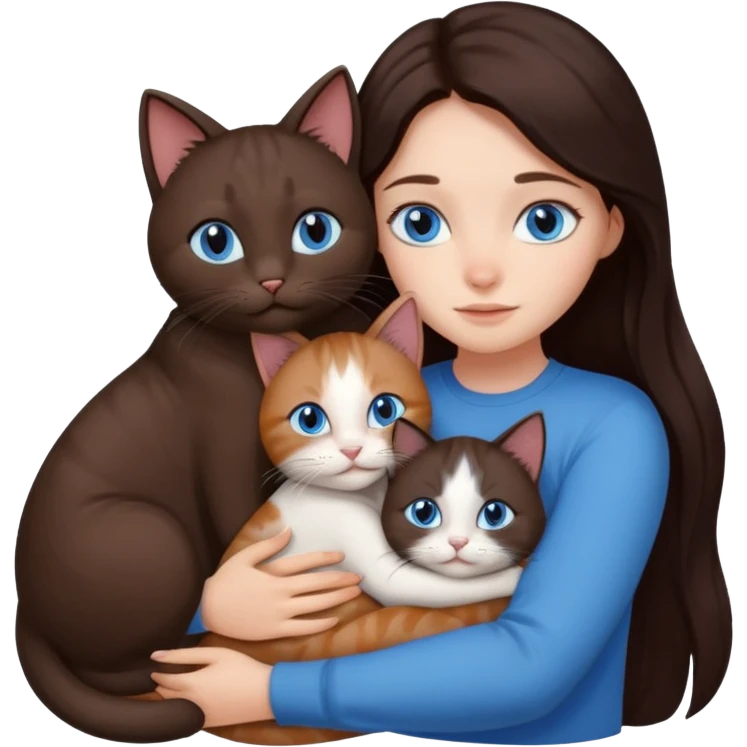 a girl with long dark 
brown hair, with blue eyes, hugs 3 different natural coloured cats emoji