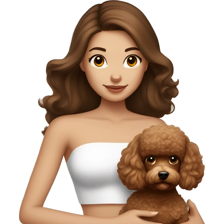 Brunette straight hair girl , in white strapless top holding a brown toy poodle emoji