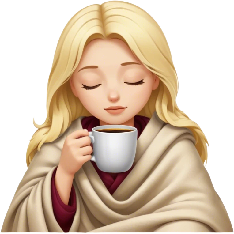 blonde girl inside a blanket sipping coffee eyes closed emoji