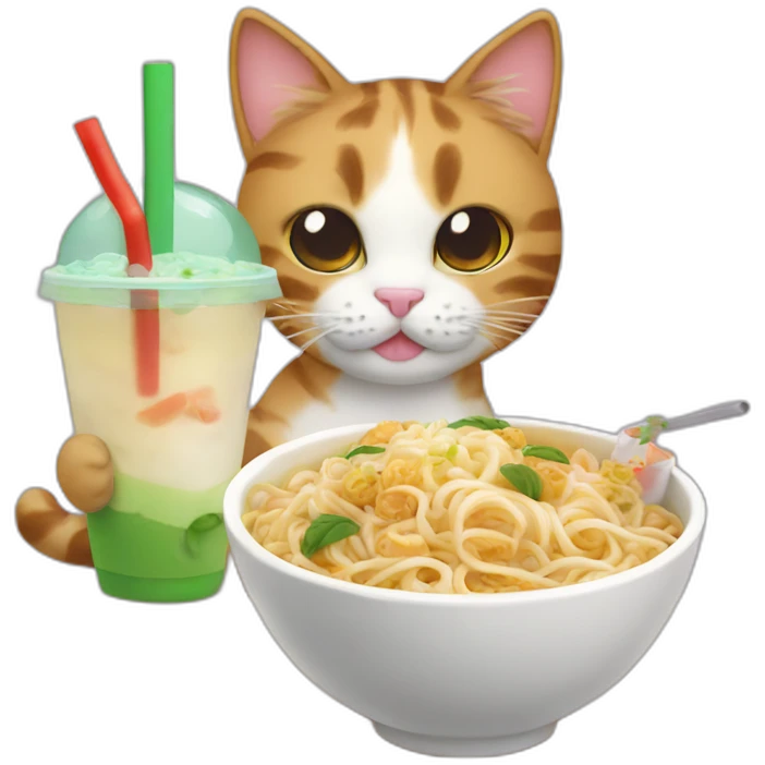 cat eating noodles next to bubble tea emoji