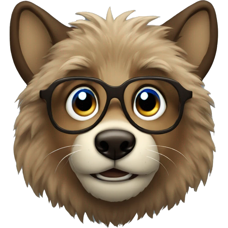 portrait of a big brown furry wolf boy with blue eyes and round glasses emoji