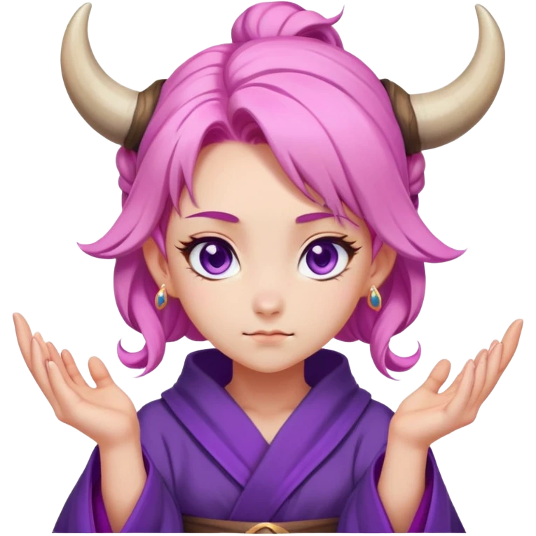 A female mage with peach-colored hair styled in two ox horn-shaped buns, purple eyes, fair skin, and a tsundere expression, wearing a form-fitting purple magical robe.  
 emoji