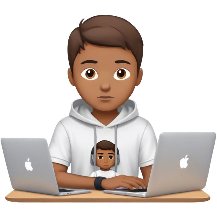 Emoji: A young man with short brown hair, working on a MacBook. He has a confident and concentrated look, wearing a stylish t-shirt or hoodie. The vibe is modern and professional, with a clean, minimalistic background emoji