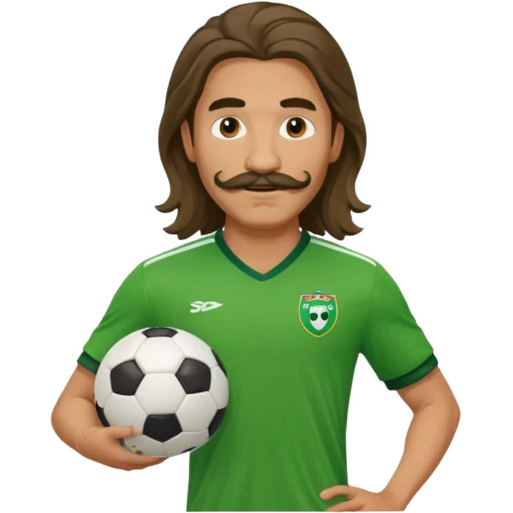 long hair man soccer player green jersey with mustache holding soccer ball emoji