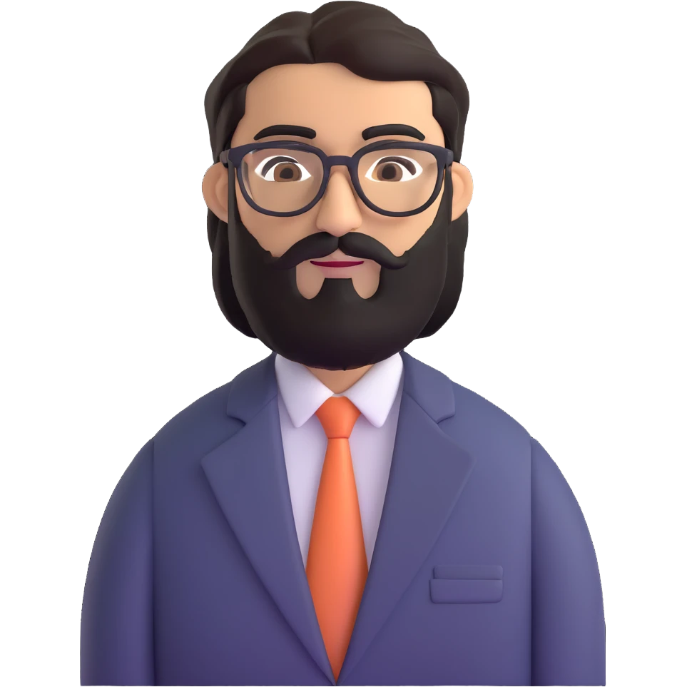 professional middle eastern businessman with medium length black beard, black hair, thick unibrow, elongated aquiline nose, tan skin, brown eyes, glasses, wearing a formal suit emoji