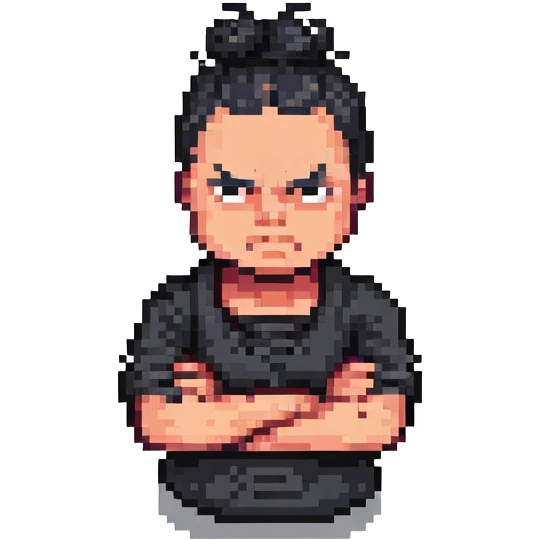 man with black bun, angry expression, arms crossed, dressed all in black, pixel art 32bit style emoji