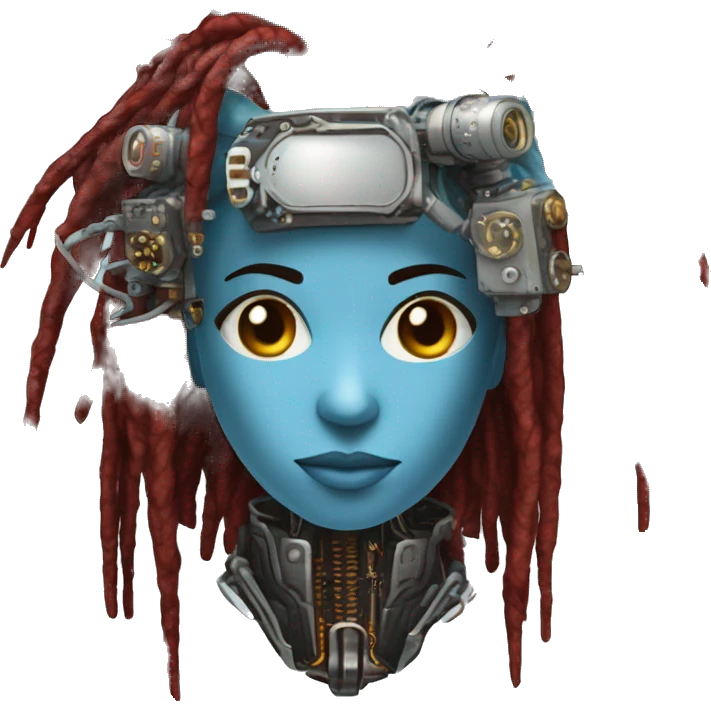 Light blue long dreadlocks female cyborg head with red steampunk goggles and circuits emoji