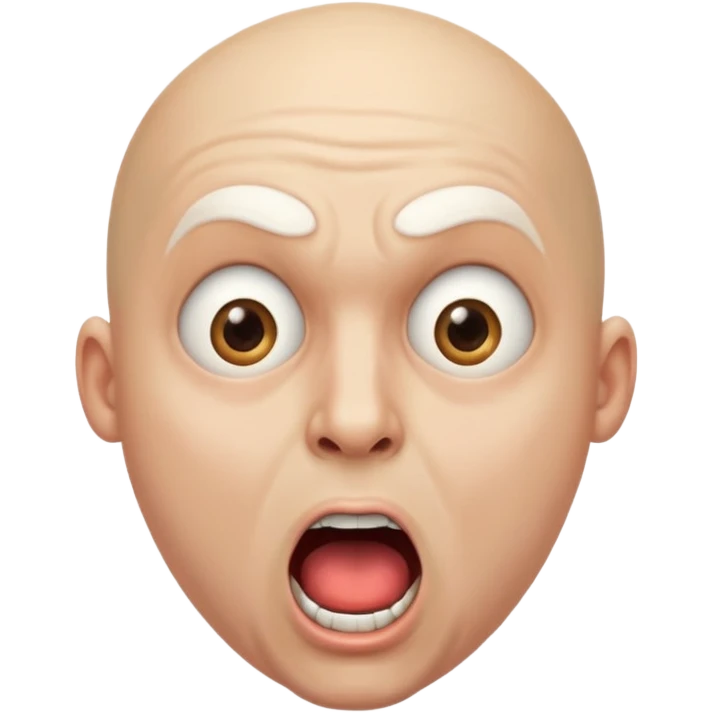 portrait of a bald man with a bleached face and heavily made-up eyes and mouth, a huge, wide-open mouth and a shocked look emoji