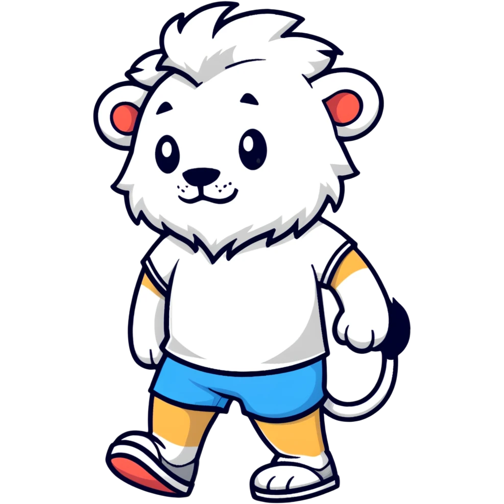 retro 1930s anthropomorphised lion in a t-shirt and shorts walking, grayscale emoji