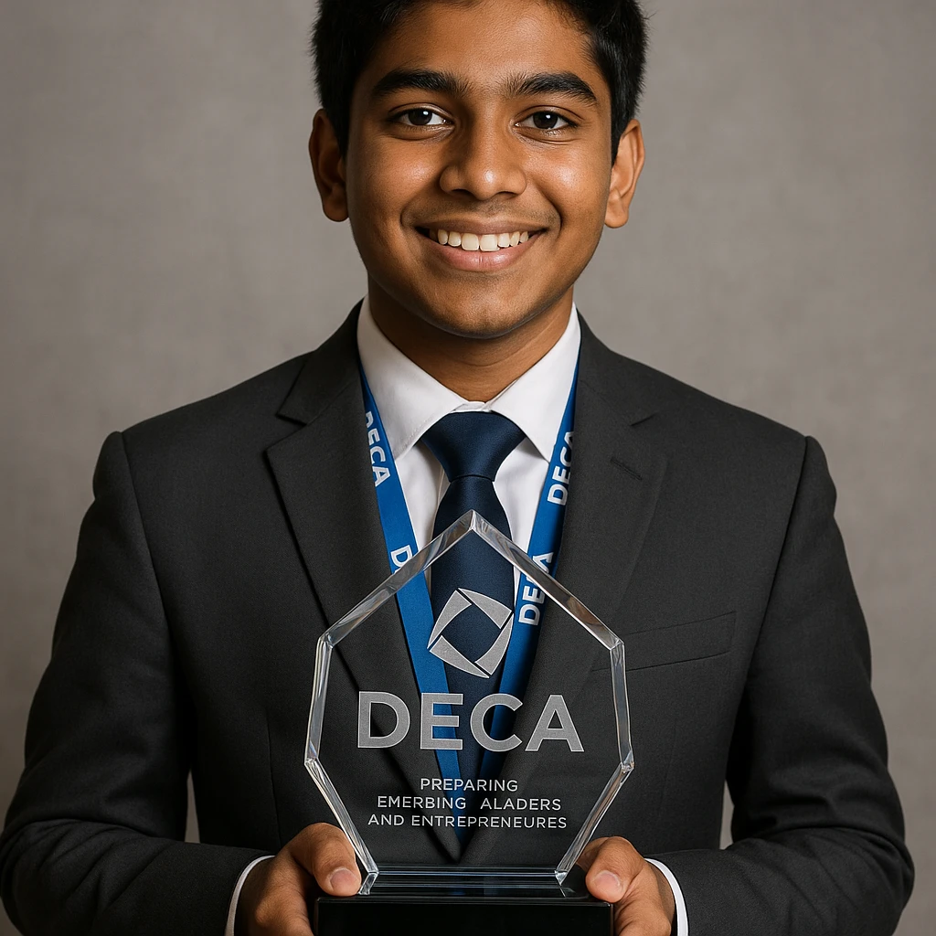 Portrait of an Indian teenage boy in a suit, proudly holding the official DECA glass trophy in front of him. The trophy is very detailed and realistic, with the DECA logo and etching clearly visible. The boy is wearing a DECA lanyard and smiling confidently. emoji
