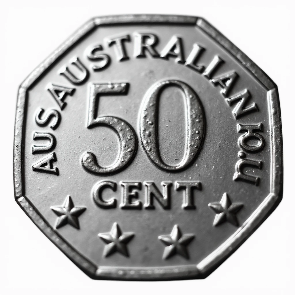 Australian 50 cent coin, silver, dodecagonal shape, realistic, detailed emoji