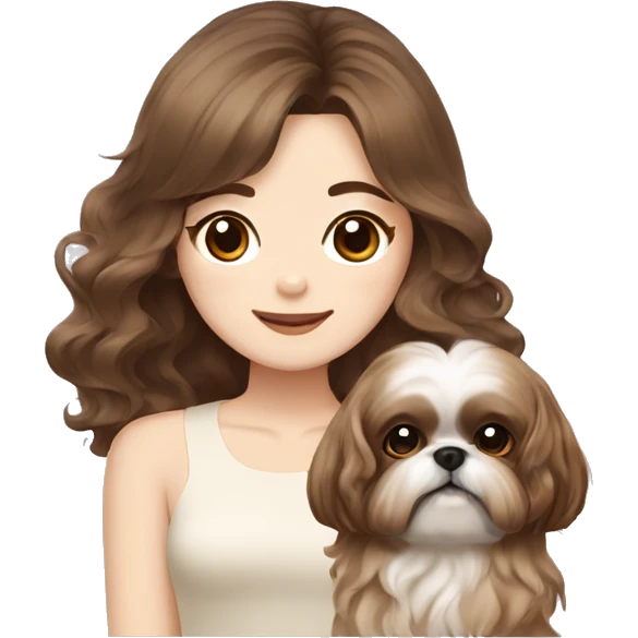 long brown wavy hair korean girl with cream and brown colored shih tzu emoji