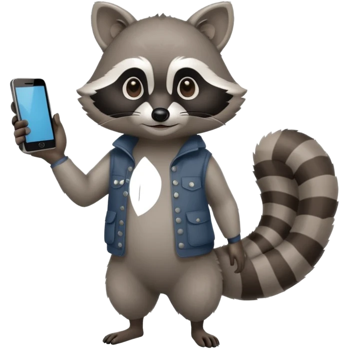 racoon holding a phone and pointing a finger to it full body friendly calm emoji
