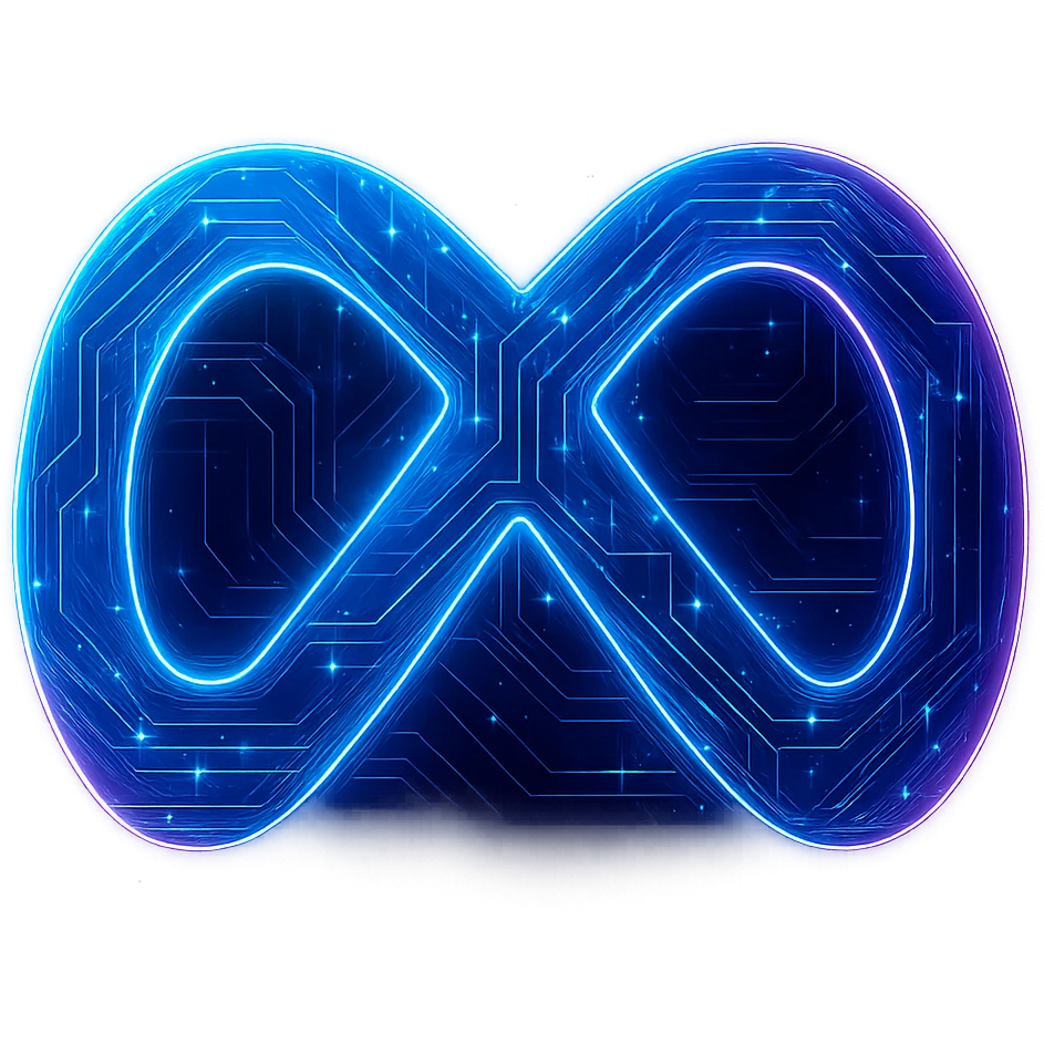 Transform the Meta logo into a cyberpunk, holographic style with glowing neon blue and pink edges, circuit patterns throughout the entire icon, and a transparent background. Maintain the recognizable Meta infinity loop shape and blue color, overlaying neon and circuit effects in a futuristic, clean cyberpunk style with consistent glow and intricate circuit details. emoji
