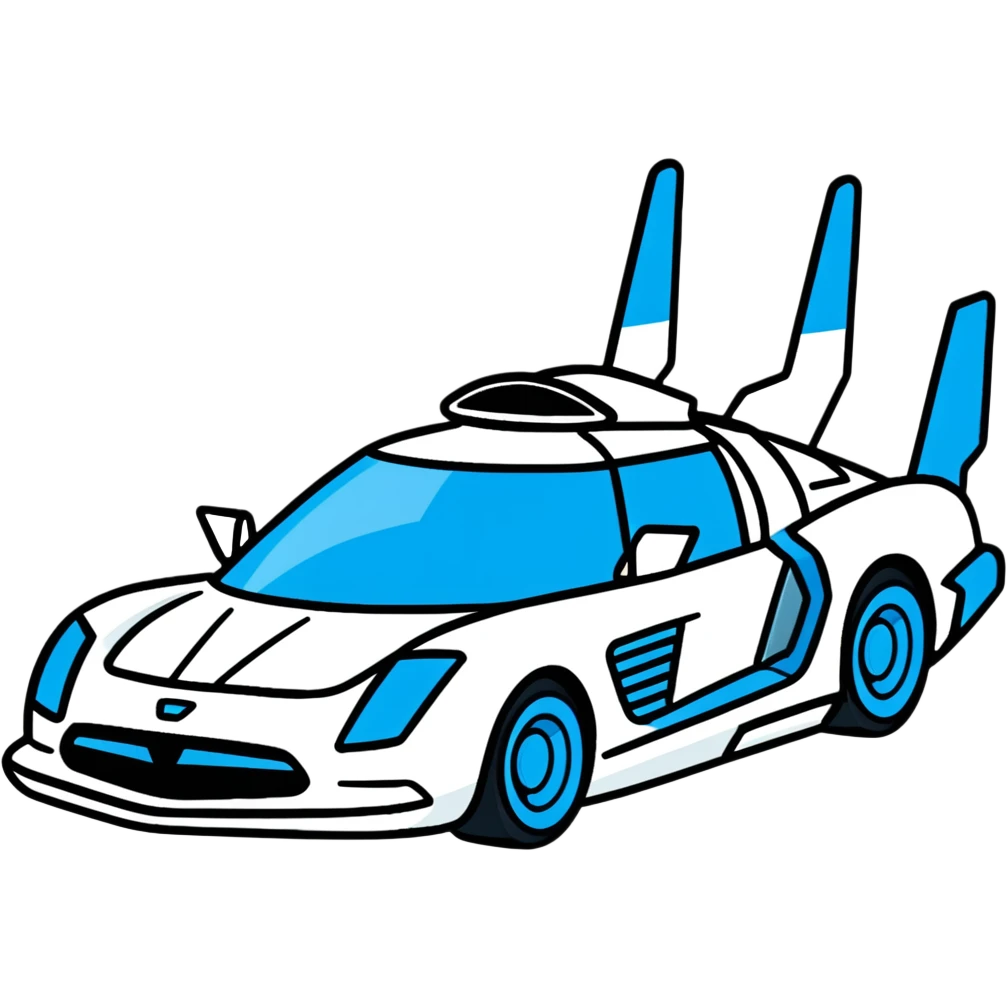 Retro-futuristic hover car inspired by the DeLorean, gullwing doors, silver metallic body with blue-tinted windows, stylized jet boosters in the back, flat vector style, outlined shapes, minimal design emoji