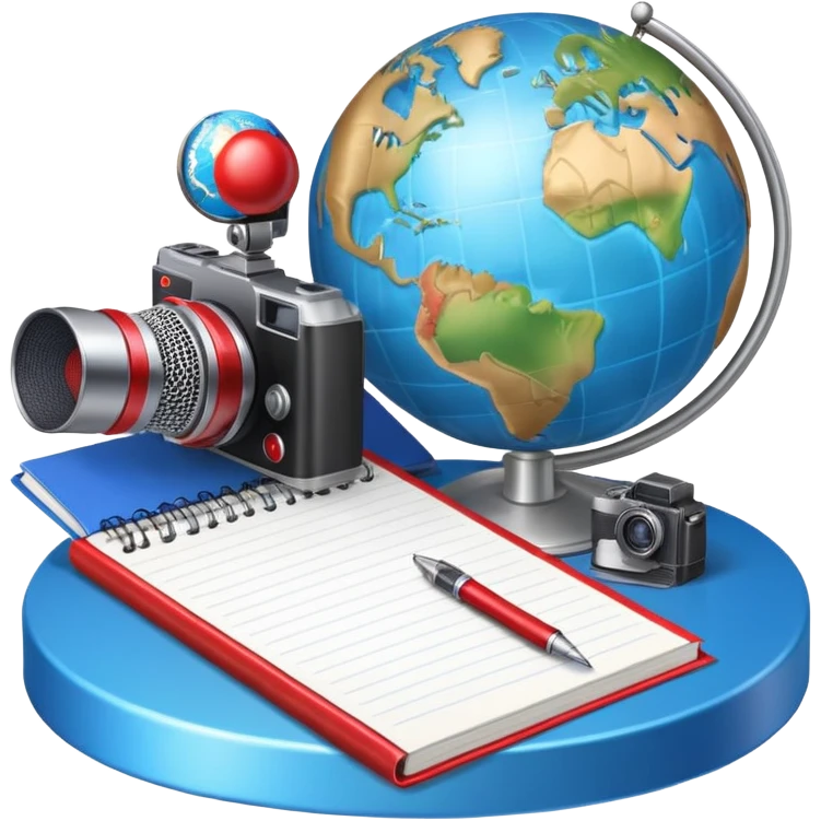 An icon showing a microphone, a notepad, and a camera, symbolizing journalism. The design includes a globe in the background, representing global news, and a breaking news banner for emphasis. Transparent background highlights the dynamic world of media and reporting. emoji