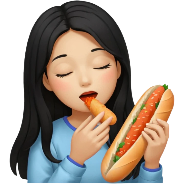 Girl black long hair eat kimchi close eyes baguette emoji