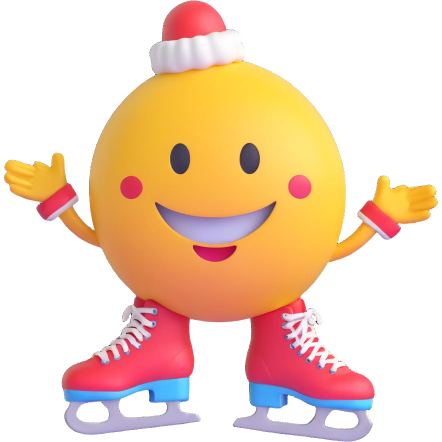 3D smiley emoji, round shape, wearing ice skates, sporty face emoji