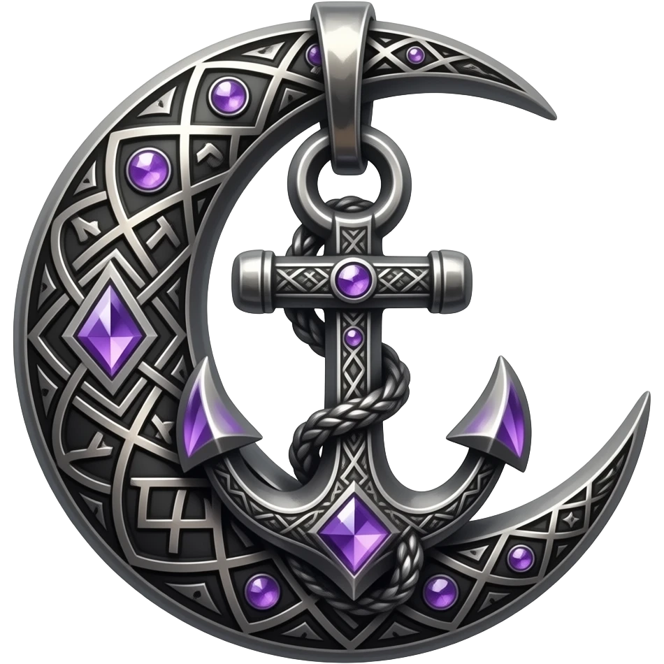 „blackened crescent‑moon and anchor pendant fused together, intricate runic engravings, small purple crystals, moonlight reflecting on metal, ethereal atmosphere, high detail, no characters“ emoji