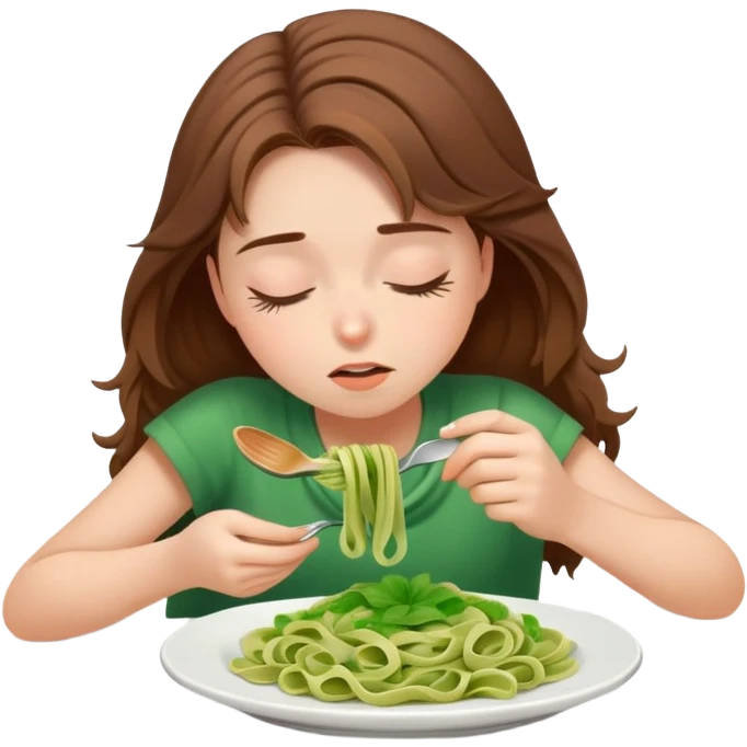 Brown haired girl eating green pasta falling asleep emoji