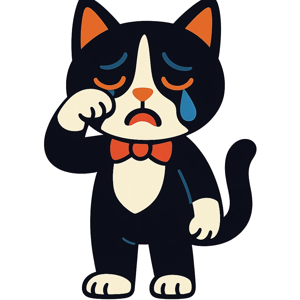 crying tuxedo cat paw wiping away a tear, full body, vibrant toon style emoji