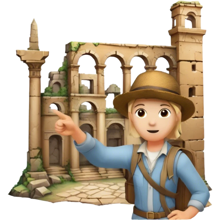 Icon for Documentary Film (TV style): A traveler pointing backward and narrating in front of ancient ruins. Include elements like historical landmarks, maps, and exploration tools to evoke a sense of adventure. Transparent background. emoji