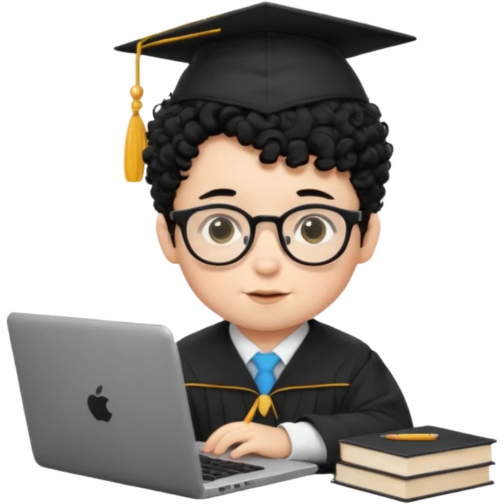 A baby boy DEVELOPER WITH A laptop, black curly hair and topknot, wearing glasses and a mortarboard emoji
