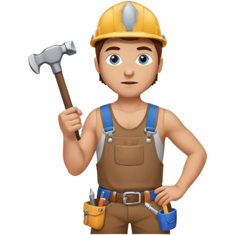 Guy with brown hair and blue eyes wearing a toolbelt and no shirt holding a hammer emoji