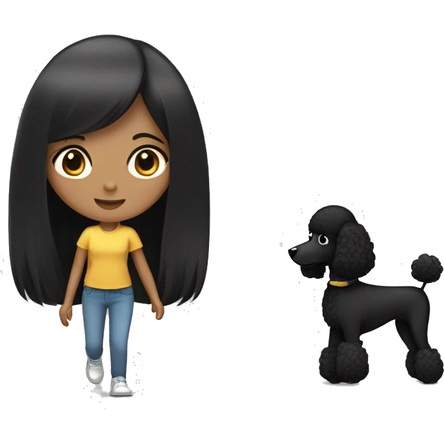 One Korean girl with black long straight hair with one medium black poodle is walking. emoji