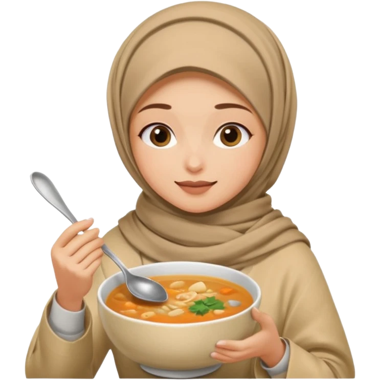a woman wearing a pashmina hijab is eating while holding a spoon emoji
