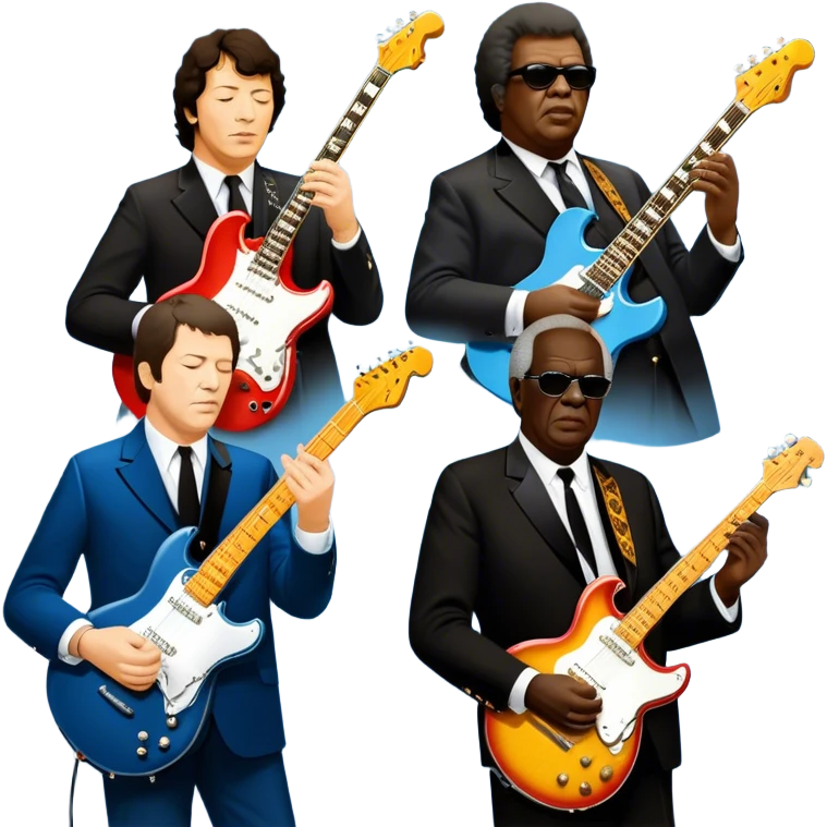 Icon for Blues Music: close-up collage of legendary blues artists. Gary Moore, Eric Clapton, B.B. King and Joe Cocker. Represented by silhouettes or symbolic items like guitars, microphones, or music notes, reflecting the soulful energy of blues music. Transparent background. emoji