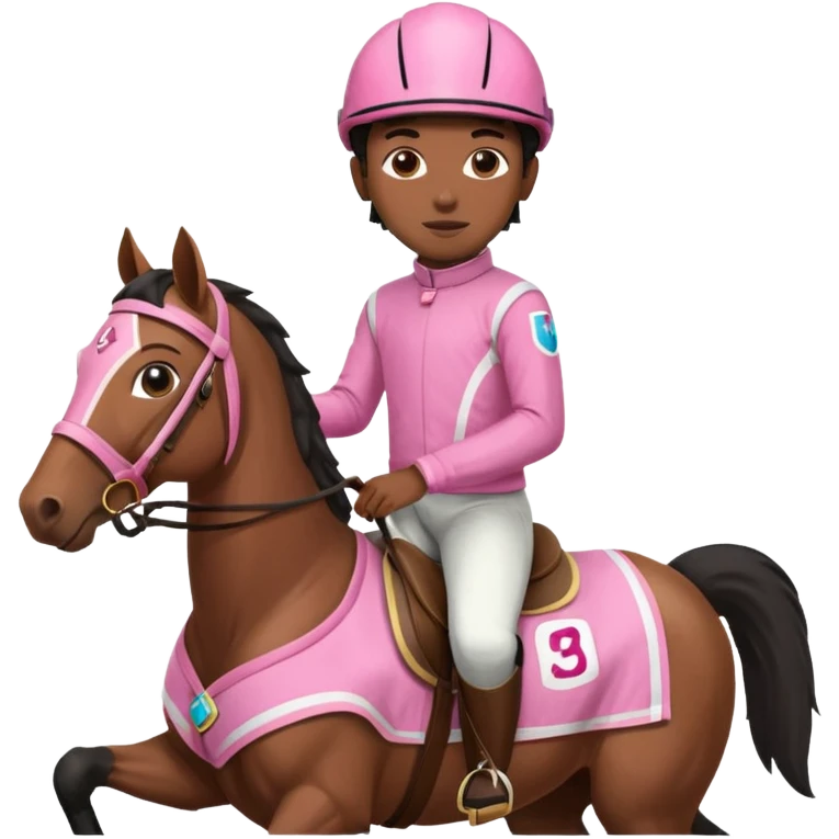 black boy riding horse wearing racing cloth pink emoji