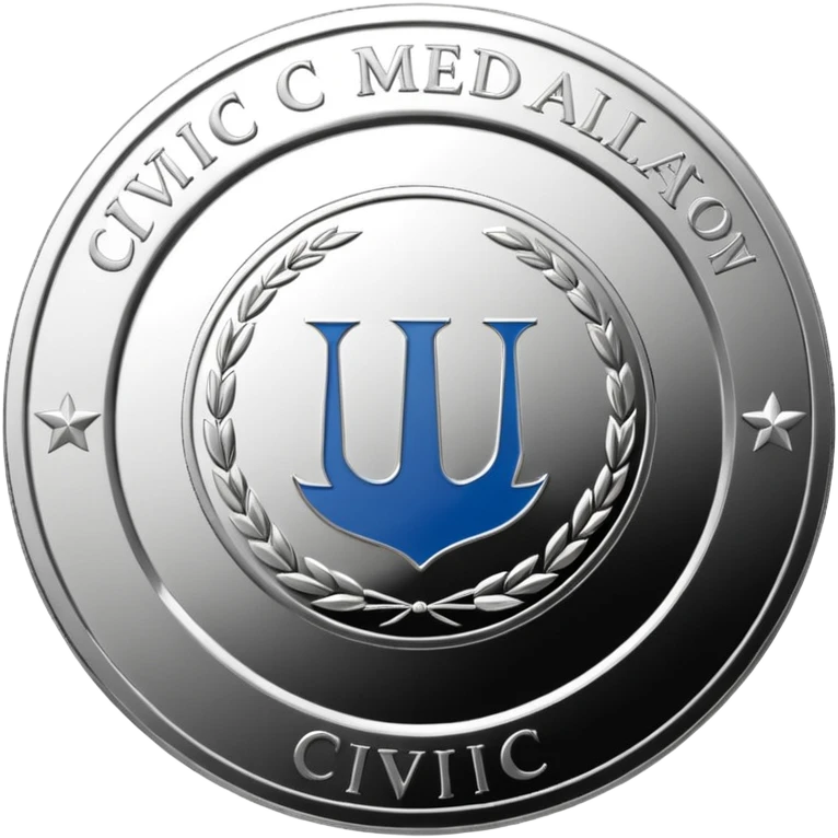 A silver coin type medallion with the words 'Civic Medallion' in large font on it. emoji