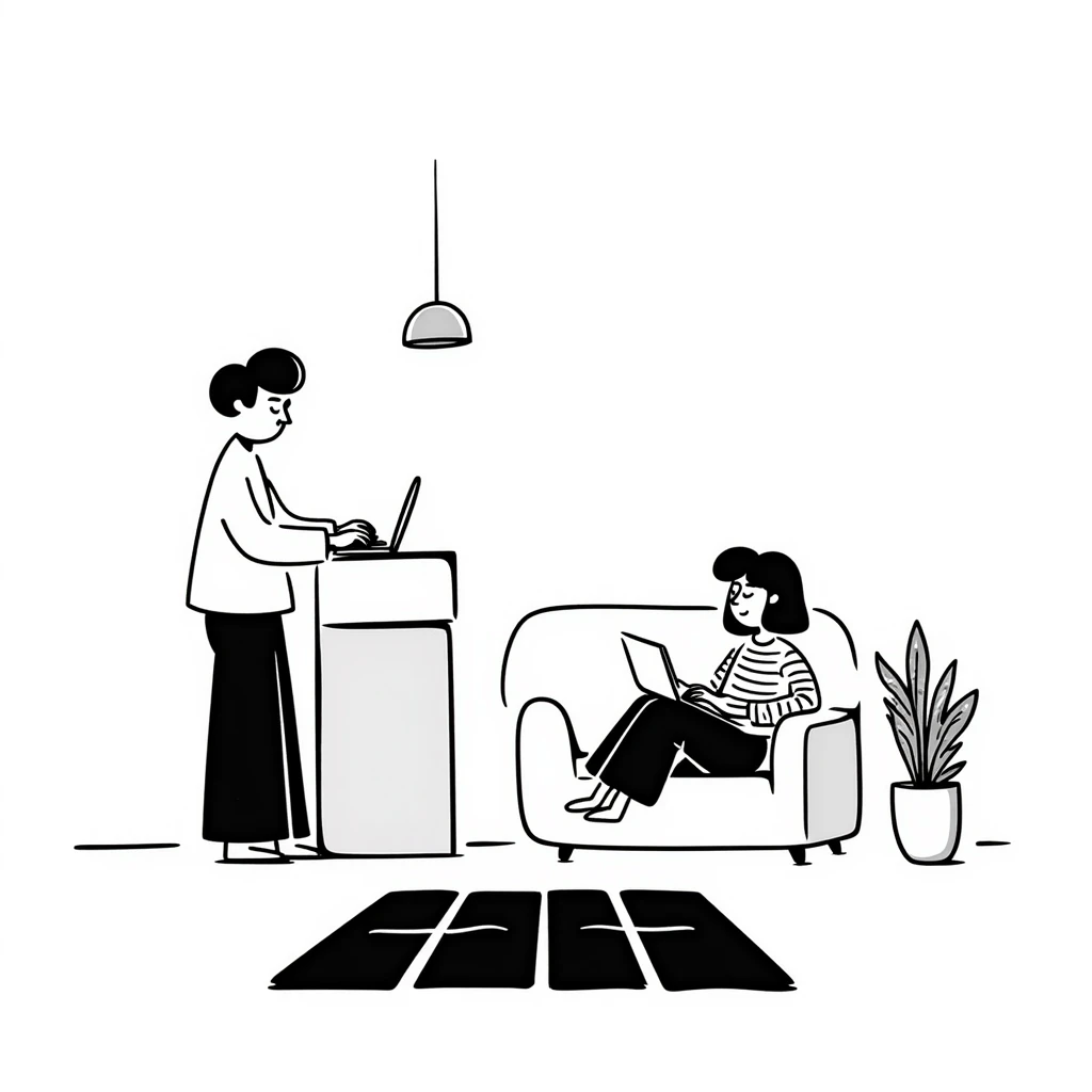 escenary 3d of a cozy mid-century living room with two people working on laptops, one man standing at a desk and one woman sitting on a couch, two walls and floor visible emoji
