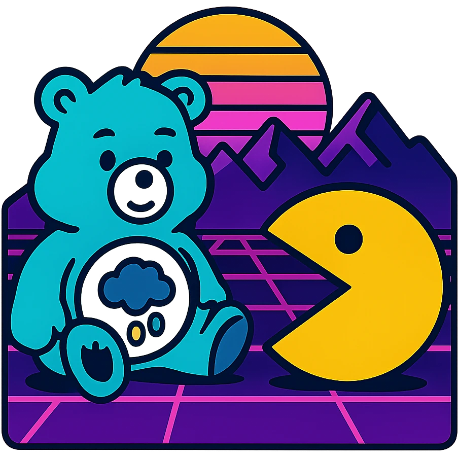 Care Bears and Pacman in a synthwave landscape with glowing mountains emoji