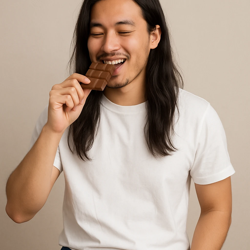 long haired Asian man eating chocolate, wearing a white T-shirt and jeans, neutral background emoji
