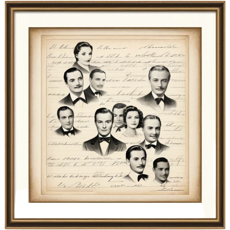 Icon for Autograph Collecting: several vintage framed with signatures of famous celebrities sheets stacked one on top of the other, each . The icon should evoke the charm and history of collecting autographs. Transparent background. emoji