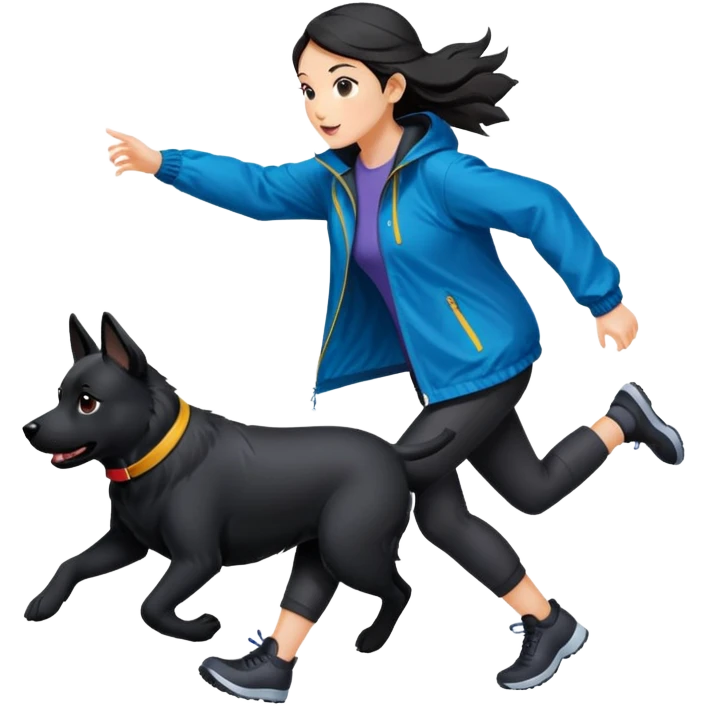 A beautiful girl with fair skin chases a black dog in a windbreaker emoji