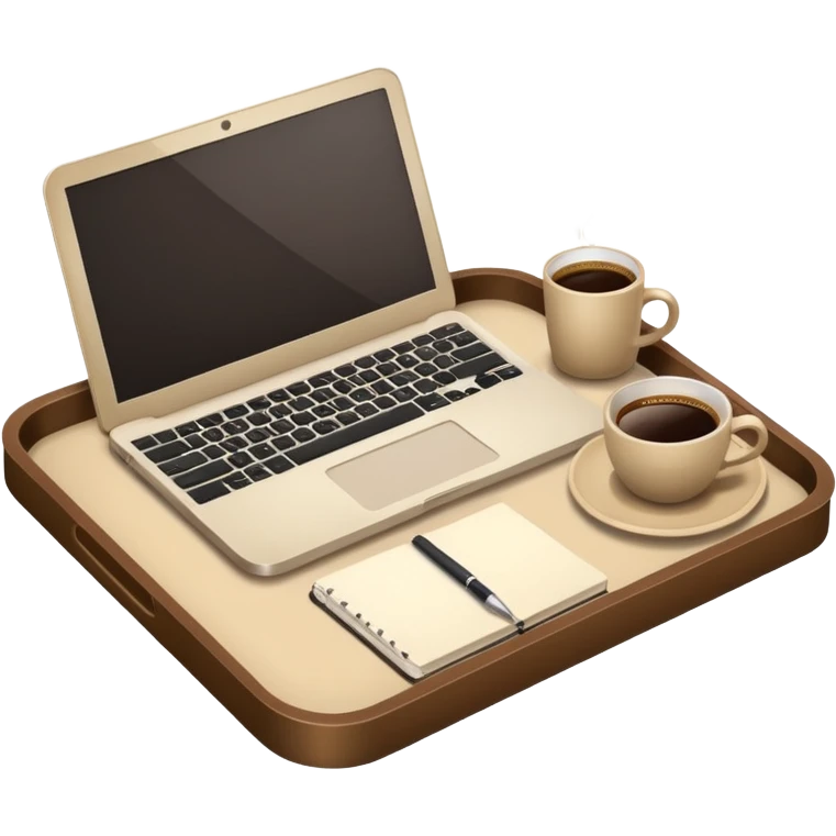 Laptop on the rectangular beige coffee tray, coffee and notebook emoji