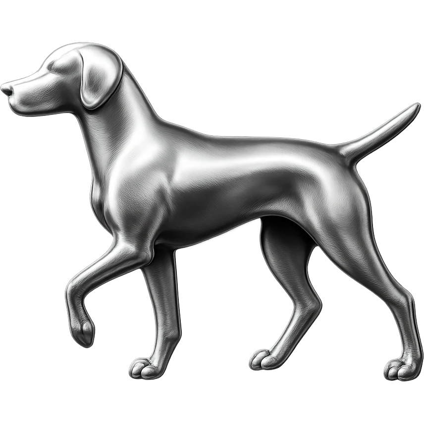               Apply a high-end, photorealistic metallic chrome material to the provided {subject}. The material should have a smooth, slightly curved surface with subtle reflections and soft shadows, resembling brushed or polished silver metal. Preserve the exact shape, proportions, and design of the original object. Set it against a solid black background (#000000) in 8K resolution. The lighting should enhance the beveled edges and reflective highlights, creating a sleek, premium finish. {subject} = dog pointing left emoji