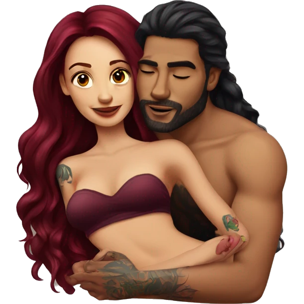 Beautiful tattooed burgundy long haired woman laying on the boyfriends chest emoji